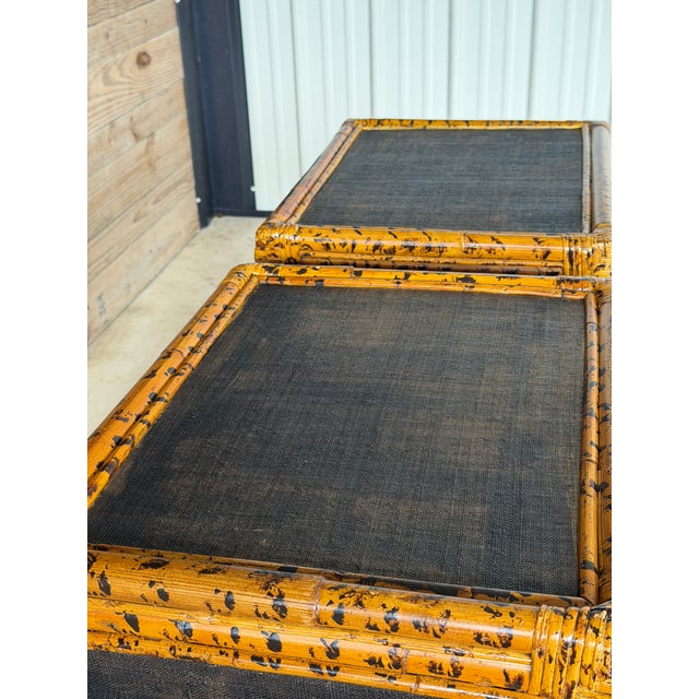 Pair Vintage British Colonial Tortoise Finish Rattan & Grasscloth Nightstands For Sale In Naples, FL - Image 6 of 12