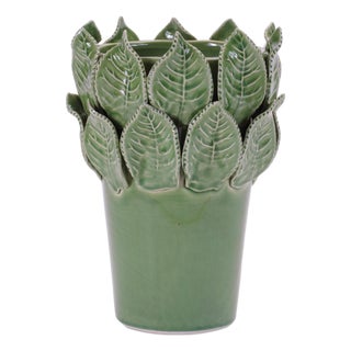 Stoneware Vase with Leaves Accent 7.5"H For Sale