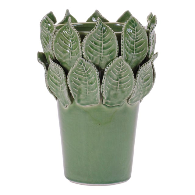 Stoneware Vase with Leaves Accent 7.5"H For Sale
