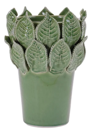 Stoneware Vase with Leaves Accent 7.5"H