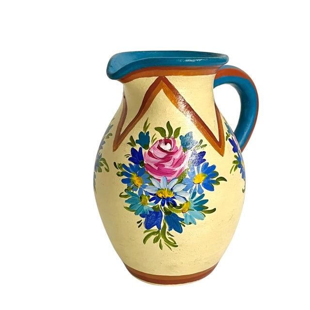 Rustic Vintage Colonia Tovar Hand-Painted Floral Clay Pitcher, Venezuelan Folk Art For Sale - Image 3 of 16