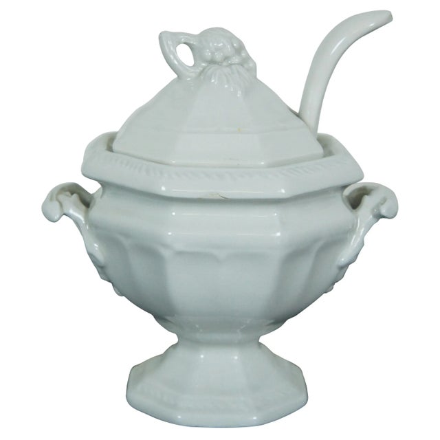 Antique Red Cliff Ironstone Octagonal White Grape Trophy Soup Tureen & Ladle For Sale - Image 13 of 13