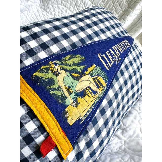 Description: Vintage Clearwater, Florida Felt Pennant from around the 1960s or earlier. New dark blue gingham woven cotton...