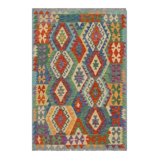 Shabby Chic Kilim Rust Blue Wool Rug - 3'4" X 4'10" For Sale