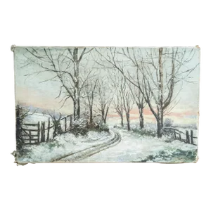 19th Century American Rustic Oil on Canvas Winter Landscape Painting