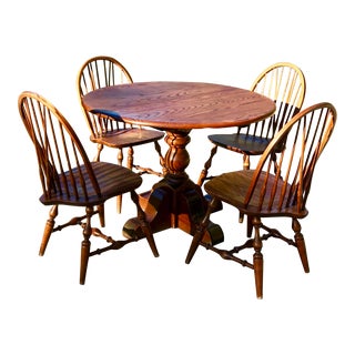 Vintage Round Oak Table With Four Windsor Chairs - Dining Set For Sale