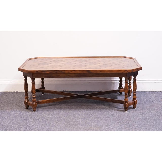 Wood Henredon Furniture Four Centuries Collection Solid Oak Rustic Americana 46" Accent Coffee Table W. Lattice Parquet Top For Sale - Image 7 of 10