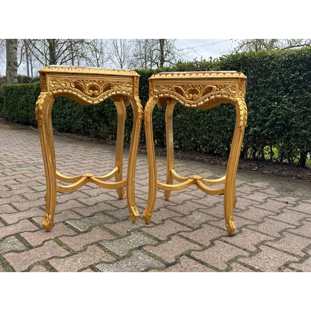 Wood 1970 French Louis XVI Gold Beech Pink Marble Tables - Pair For Sale - Image 7 of 17