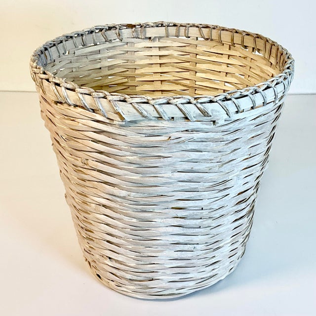 Mid-Century Boho Chic Coastal White Washed Wicker Wastebasket. For Sale - Image 6 of 9