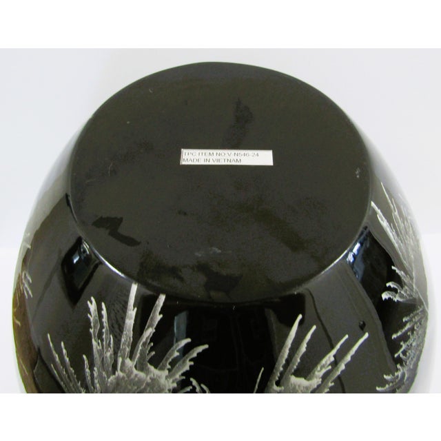 Wood Vintage 1960s Large Black Lacquer Over Bamboo Urn Vase With Silver Floral Design For Sale - Image 7 of 9