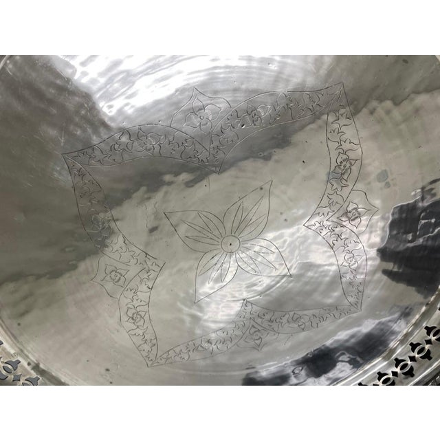 Metal Chinese Export Brass Charger with Fretwork Border and Etched Decoration, Signed For Sale - Image 7 of 12