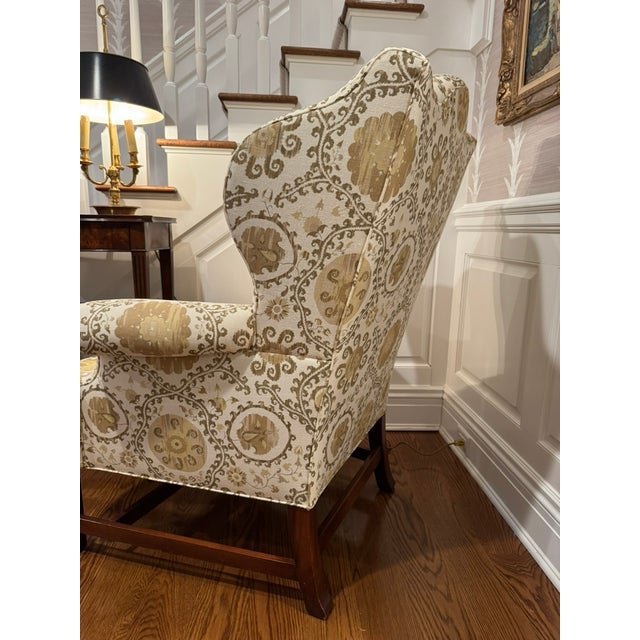 Mid 20th Century Vintage Custom Upholstered Wing Back Chair With Mahogany Base For Sale - Image 5 of 17