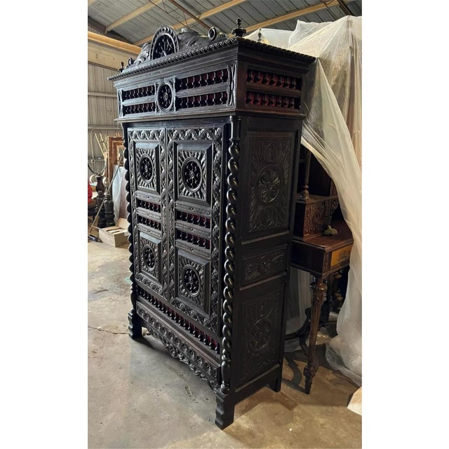 1800's Antique Breton, French, Carved, Shelves, Red Interior, Bookcase! For Sale - Image 9 of 11