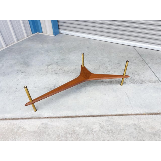 1960s Mid-Century Modern Freeform Glass Coffee Table With Walnut and Brass Base For Sale - Image 10 of 14