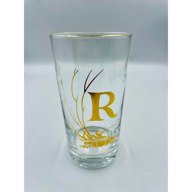 Hollywood Regency Rare Mid 20th Century Gold Leaf Monogram “R” Highball Glasses – Set of 6 For Sale - Image 3 of 12