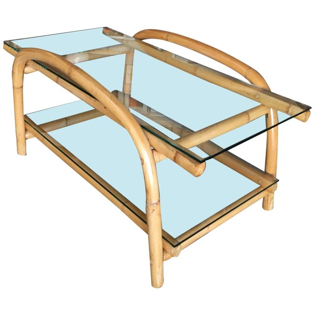 1950s Restored Two-Tier "Swoop Arch" Rattan Side Table With Glass Top For Sale - Image 9 of 9