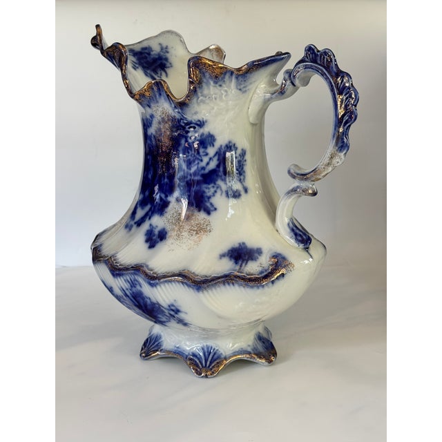 Antique Made in England Flow Blue Large Scale Pitcher For Sale - Image 12 of 16