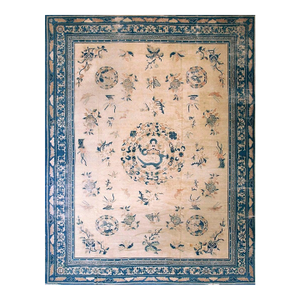 Sensational Beige Background Color and Royal Blue Border Intricate Details of Dragon in a Chinoiserie Pattern Antique Chinese Peking Rug