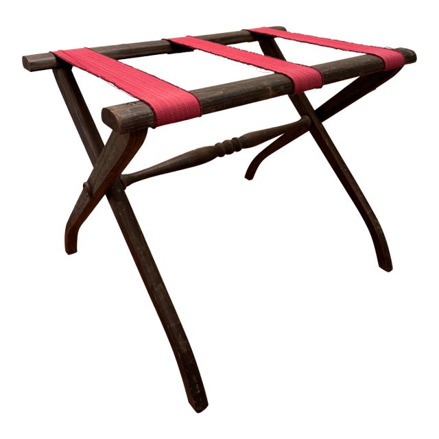 1950s Mid Century Adirondack Style Red Canvas Strap Wooden Collapsible Luggage Rack For Sale