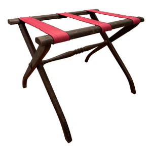 1950s Mid Century Adirondack Style Red Canvas Strap Wooden Collapsible Luggage Rack