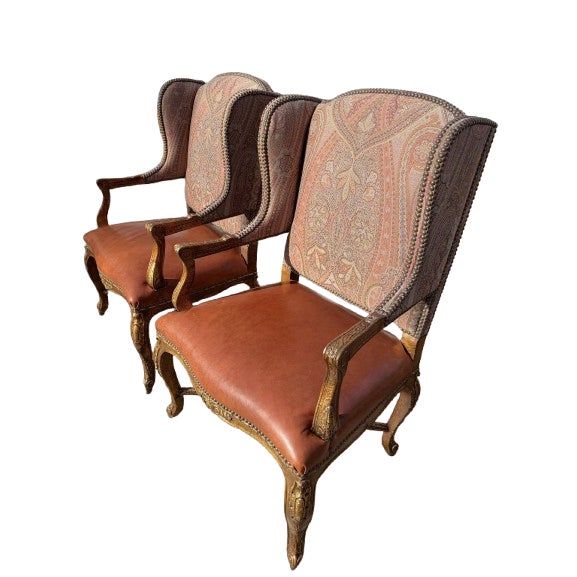 A Pair of Custom Ralph Lauren Wingback Lounge Chairs Upholstered in Leather and Paisley For Sale - Image 15 of 18