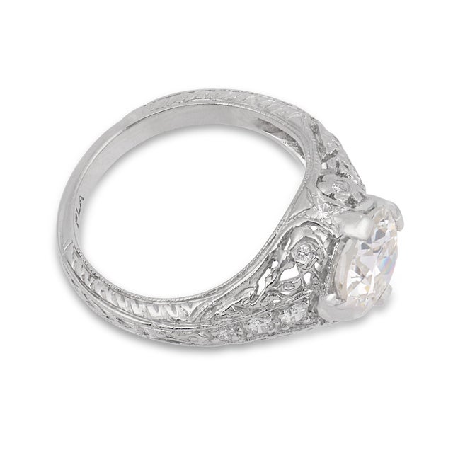 1930s Art Deco Gia 1.51 Carat Old European Cut Diamond Platinum Engagement Ring, Size 4.5 For Sale - Image 4 of 7