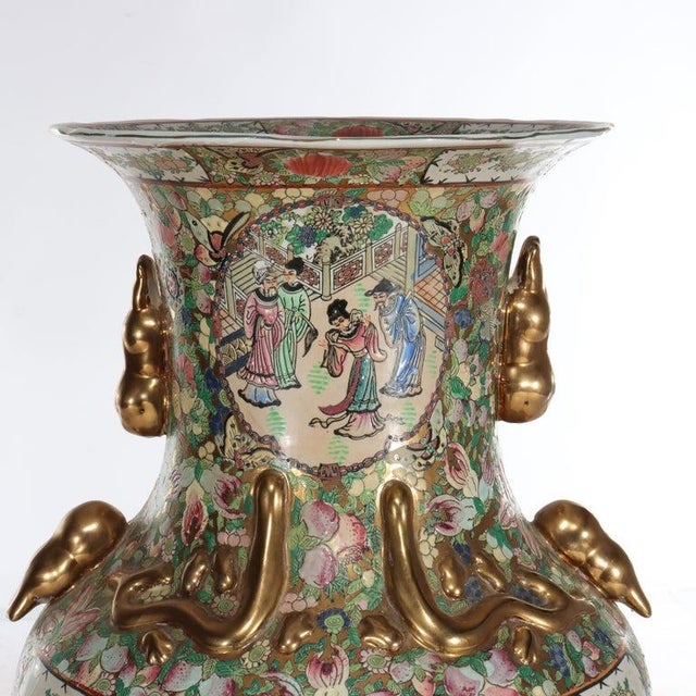 Chinese Monumental Vintage Chinese Rose Medallion Vase With Carved Hardwood Base 20thC For Sale - Image 3 of 11