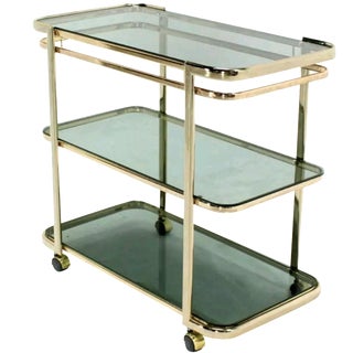 Italian Brass & Smoked Glass Bar Cart For Sale