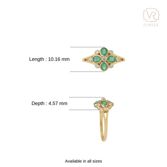 14k Yellow Gold Zambian Emerald & Diamond Floral Vintage Ring Size 6.5 For Sale - Image 11 of 16