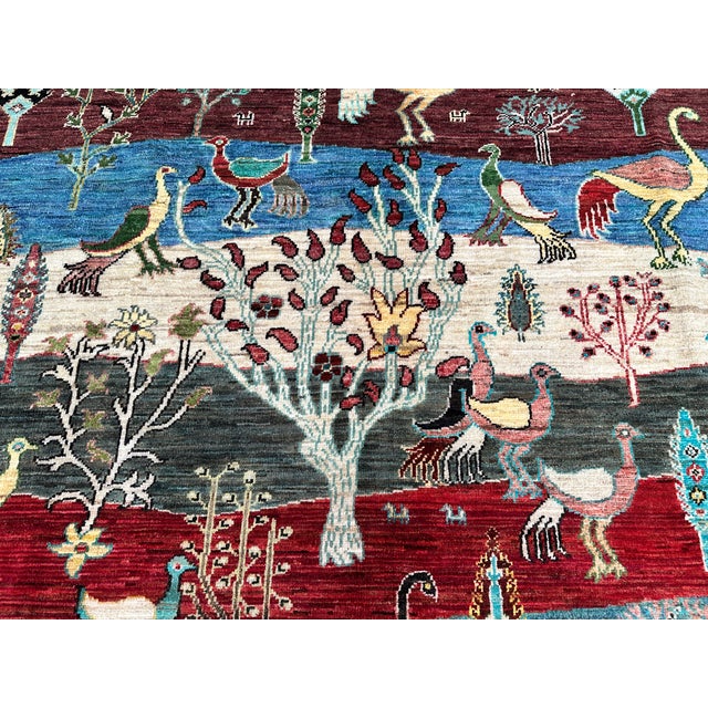 Multicolor Afghan Pictorial Bird & Tree Hand-Knotted Wool Rug - 9'7" X 6'9" For Sale - Image 12 of 15