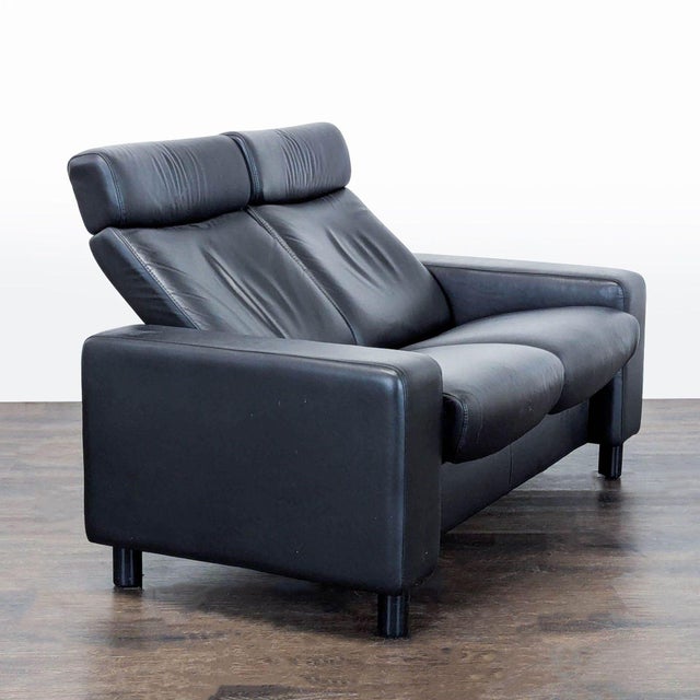 Modern Stressless Arion Black Leather Loveseat With Adjustable Headrests For Sale - Image 3 of 10