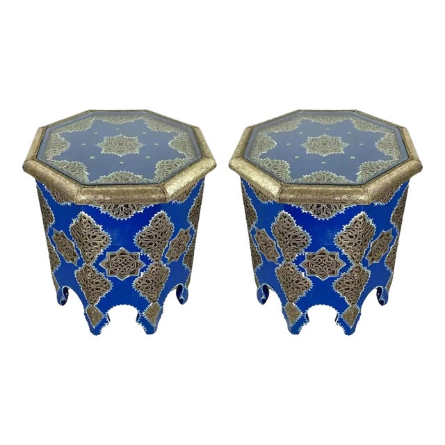 Moroccan Boho Chic White Brass Inlaid Side or End Table in Blue, a Pair For Sale