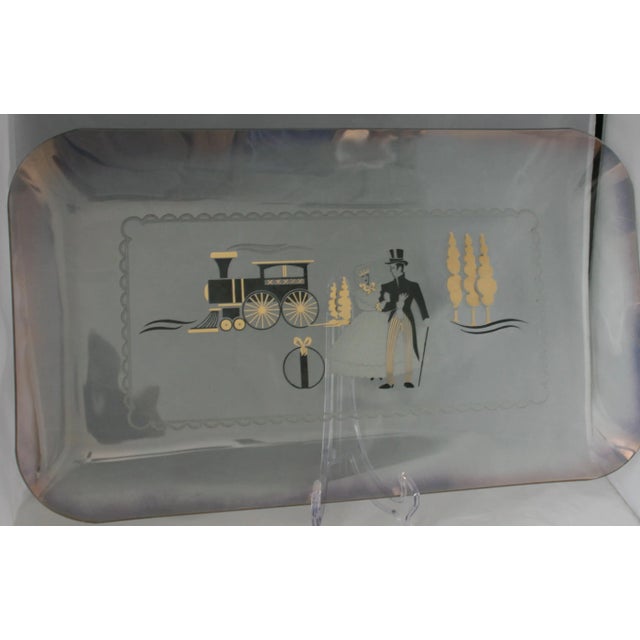 Mid-Century Large Iridescent Clear Glass Tray Black & Gold Victorian Scene For Sale - Image 4 of 10