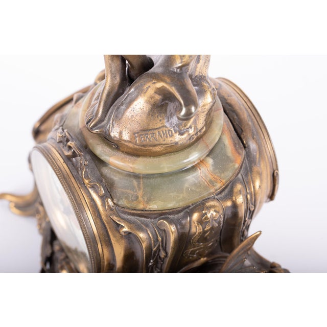 Art Nouveau French Art Nouveau Gilt Bronze & Onyx Figural Mantel Clock Signed Ferrand, Circa 1900 For Sale - Image 3 of 4