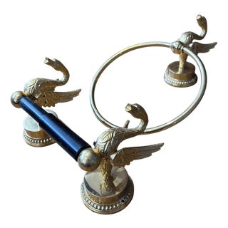 Vintage Gold Plated Swan Towel Holder and Toilet Roll Holder, 1970s For Sale