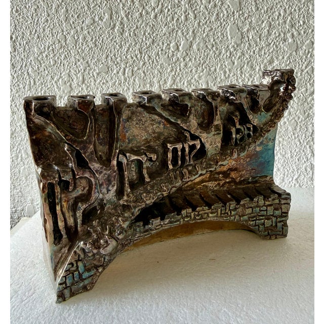 Unknown, Artist Designed Signed Judaica Israeli Menorah Candelabra Sculpture Silver Plate For Sale - Image 9 of 12