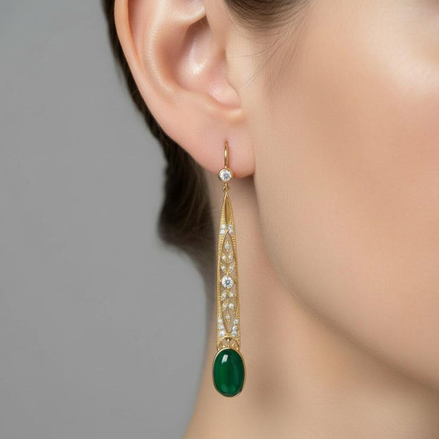 Not Yet Made - Made To Order Art Nouveau Green Onyx Drop Earrings Silver, Gold, A Pair For Sale - Image 5 of 5