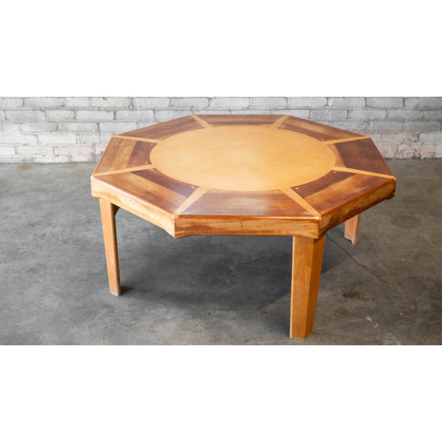 Beautiful sculptural octagon shaped wooden coffee table. Lovely handmade custom craftsmanship with exposed joint work and...