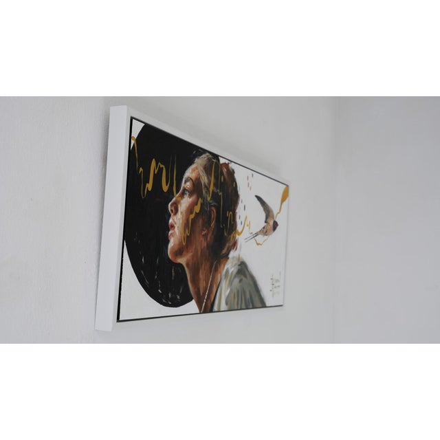 This oil on panel artwork features a profile of a woman, her serene expression juxtaposed against a bold black circle that...
