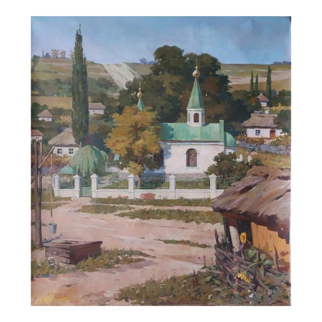 Vintage Ukrainian Village Oil Painting, Signed Tarasenko, 1970s 180-158 For Sale