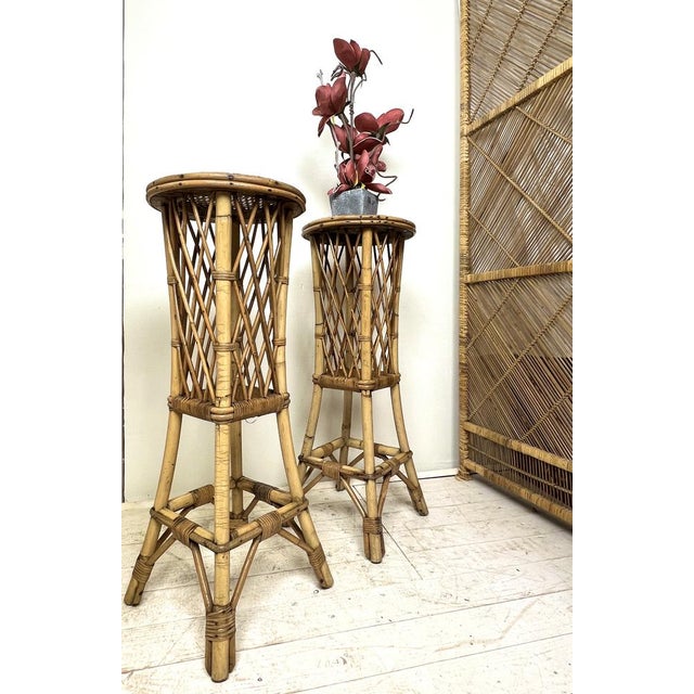Mid Century charming and very stylish detailed plant stands from France, 1950’s. The top consists of fine woven strips....