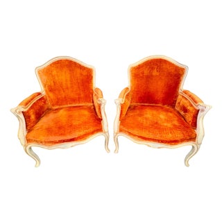 Pair of Large Vintage French Louis XV Painted Bergeres For Sale