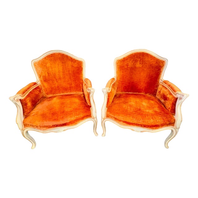 Pair of Large Vintage French Louis XV Painted Bergeres For Sale