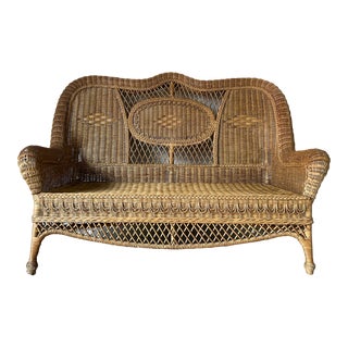 Vintage Organic Woven Wicker High Back Loveseat Settee For Sale