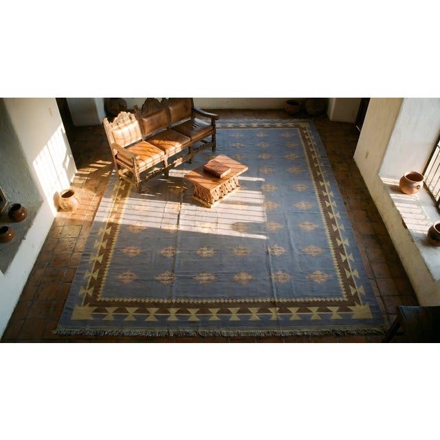 1930s Blue Gray Diamond Antique Indian Cotton Dhurrie Carpet Flatweave Large Rug For Sale - Image 15 of 17