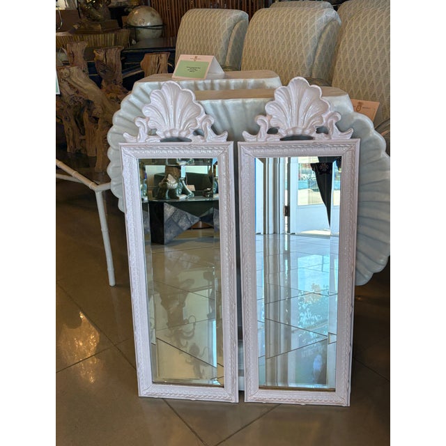 Vintage Pair Light Pink Lacquered Palm Beach Scalloped Shell Wall Mirrors For Sale - Image 12 of 12