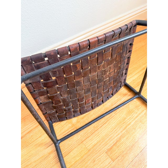French Mid Century Industrial Style Pair of Woven Leather and Iron Counter Stools After Lila Swift and Donald Monell For Sale - Image 11 of 18