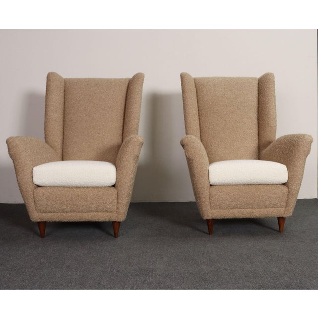 Mid-Century Modern Pair of Italian Modernist High Back Lounge Chairs in Two-Tone Bouclé and Walnut For Sale - Image 3 of 18