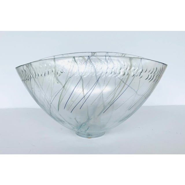 Stylish Global Views Modern Blue Spark Glass Bowl, purple and taupe accents, textured glass, showroom floor sample