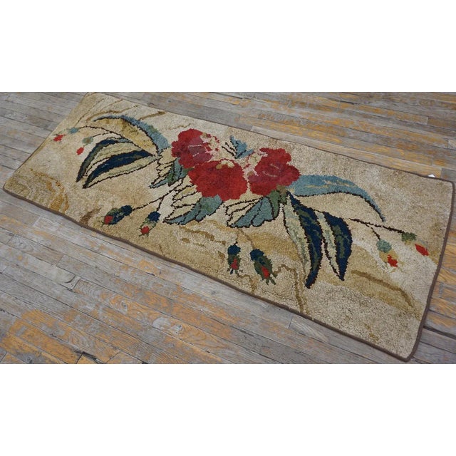 Beige 1880s Beige Roses Folk Art Antique American Hooked Rug 2'6" X6'2" Knotted Pile Wool Carpet For Sale - Image 8 of 11